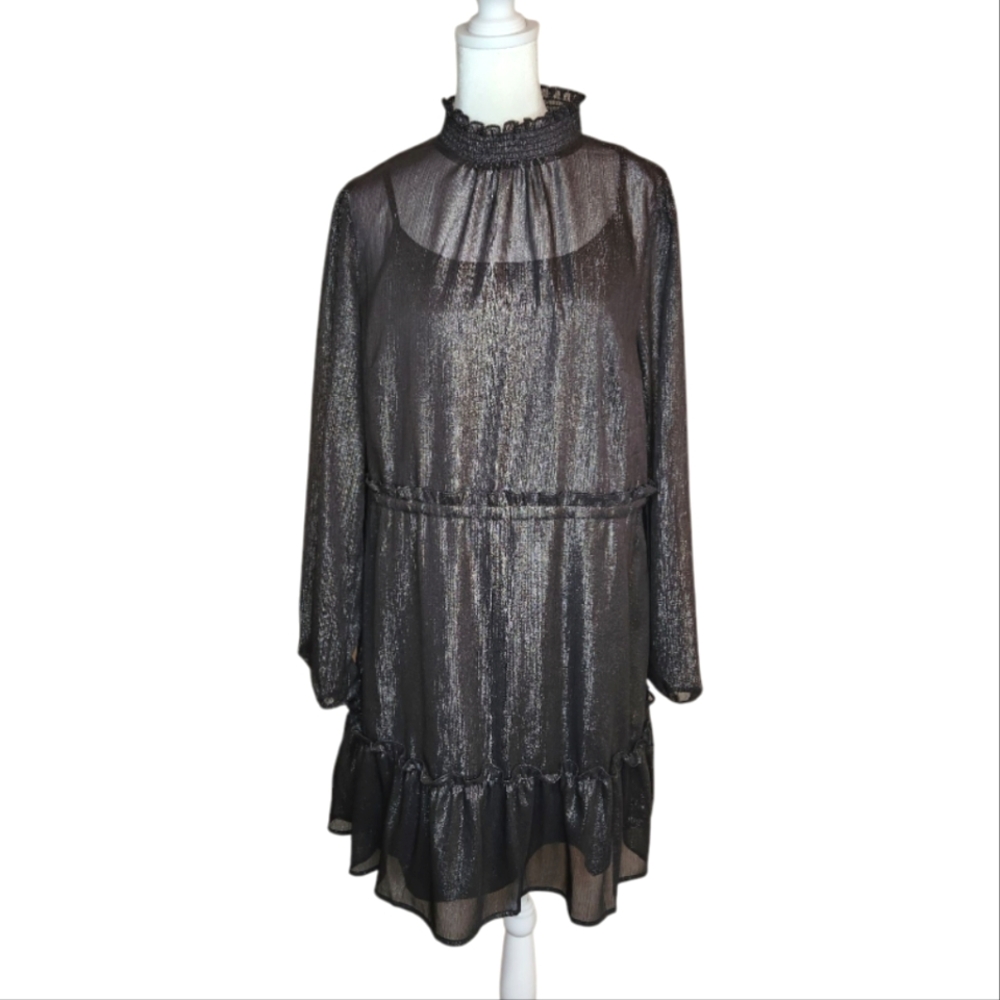 NEW Loft Tiered Swing Dress High Neck Semi Sheer Metallic Size Small